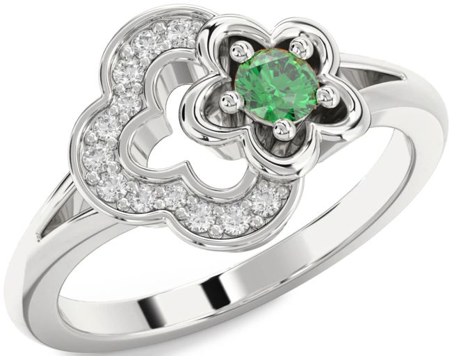 Diamond & Emerald Silver Flower Round Promise Ring