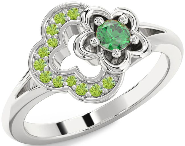 Emerald & Peridot Silver Flower Round Promise Ring