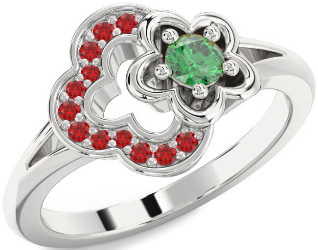 Emerald & Ruby Silver Flower Round Promise Ring