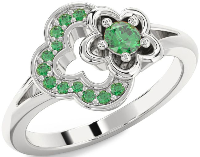 Emerald Platinum Flower Round Ring