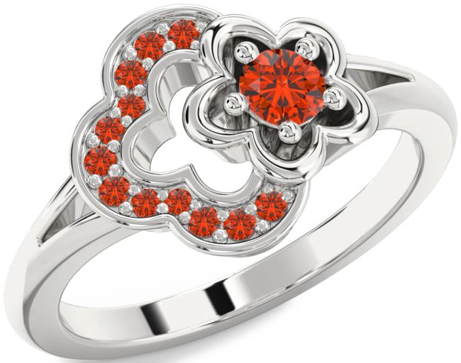 Fire Opal Silver Flower Round Ring