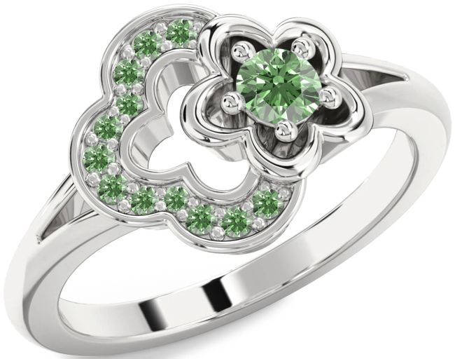 Green Diamond Silver Flower Round Ring