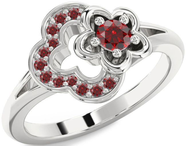 Garnet Silver Flower Round Ring