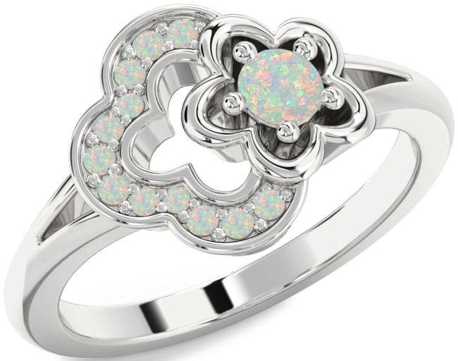 Opal Silver Flower Round Ring