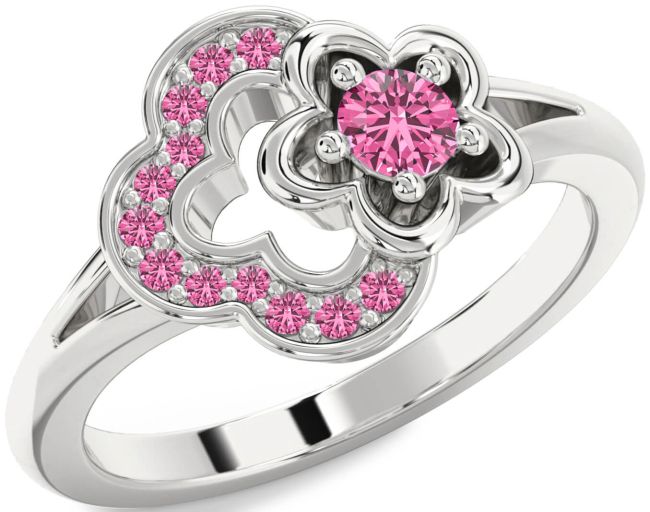 Pink Sapphire Silver Flower Round Ring
