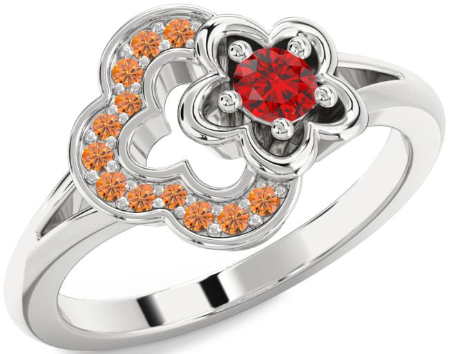 Ruby & Citrine Silver Flower Round Promise Ring