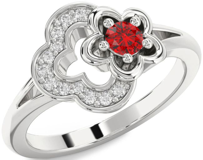Diamond & Ruby Silver Flower Round Promise Ring