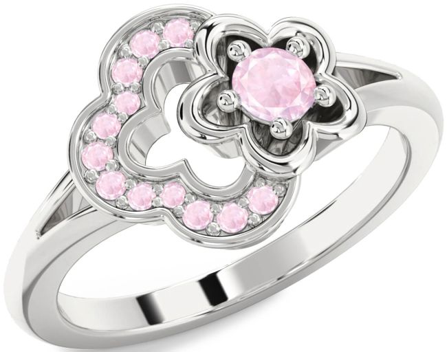 Rose Quartz Silver Flower Round Ring