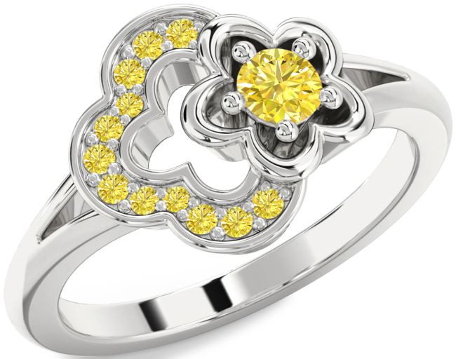 Yellow Diamond Silver Flower Round Ring