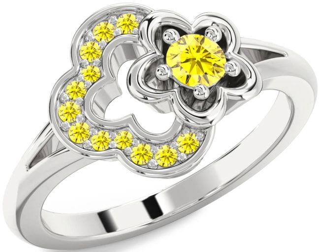 Yellow Sapphire Silver Flower Round Ring