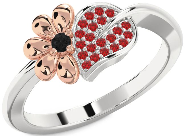 Black Diamond & Ruby Rose Gold Silver Daisy Ring
