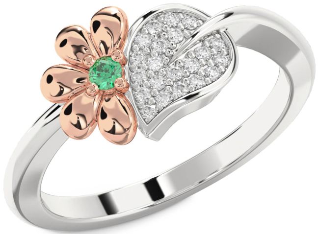 Diamond & Emerald Rose Gold Silver Daisy Ring