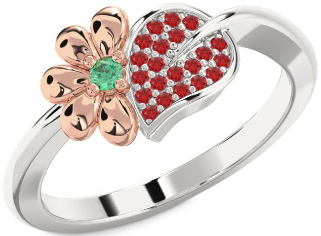 Emerald & Ruby White Rose Gold Daisy Ring