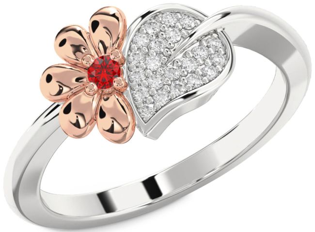 Diamond & Ruby Rose Gold Silver Daisy Ring