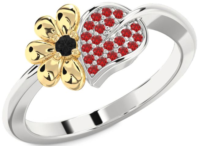 Black Diamond & Ruby Gold Silver Daisy Ring