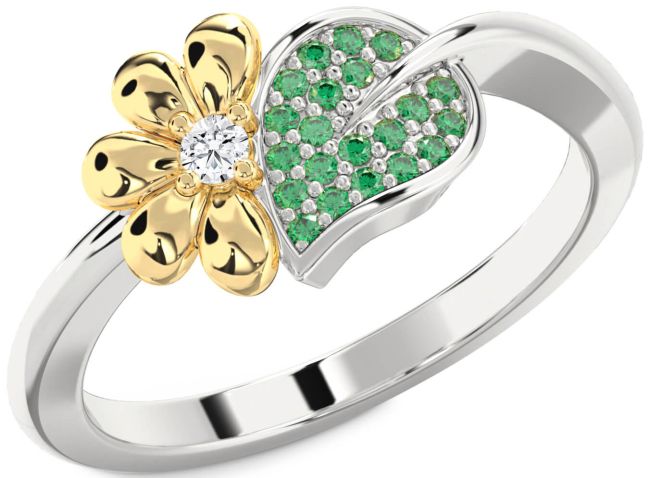 Emerald & Diamond Gold Silver Daisy Ring