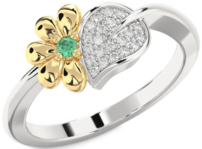 Diamond & Emerald Gold Silver Daisy Ring