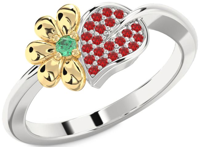 Emerald & Ruby Gold Silver Daisy Ring