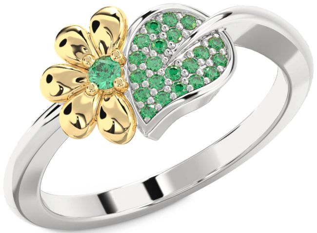 Emerald Gold Silver Daisy Ring