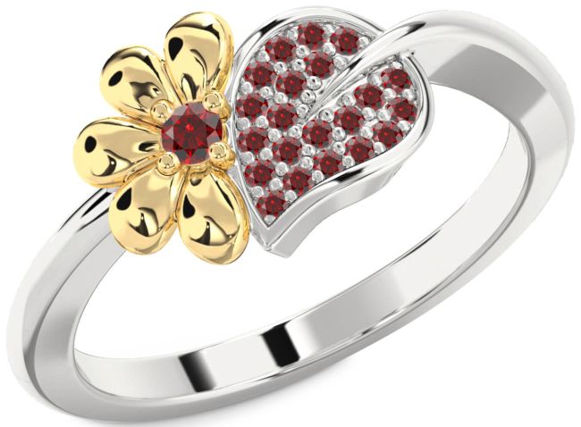 Garnet Gold Silver Daisy Ring