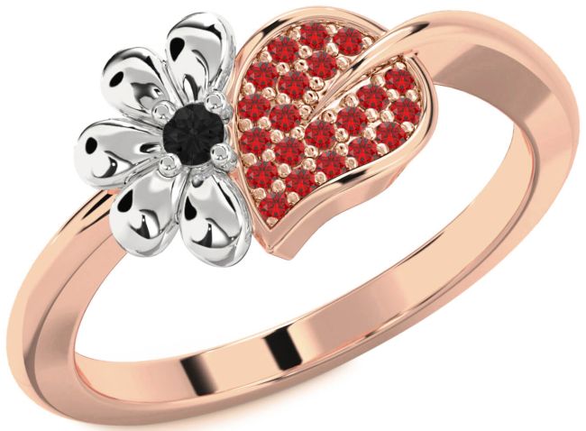 Black Diamond & Ruby Rose Gold Silver Daisy Ring