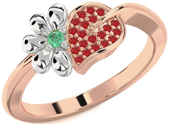 Emerald & Ruby Rose Gold Silver Daisy Ring