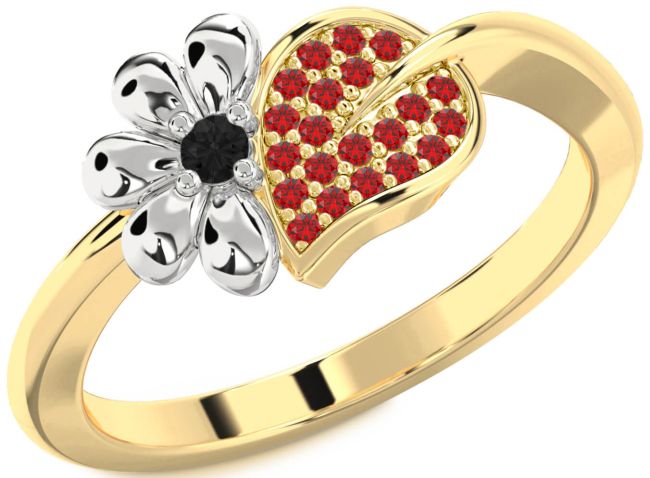 Black Diamond & Ruby Gold Silver Daisy Ring
