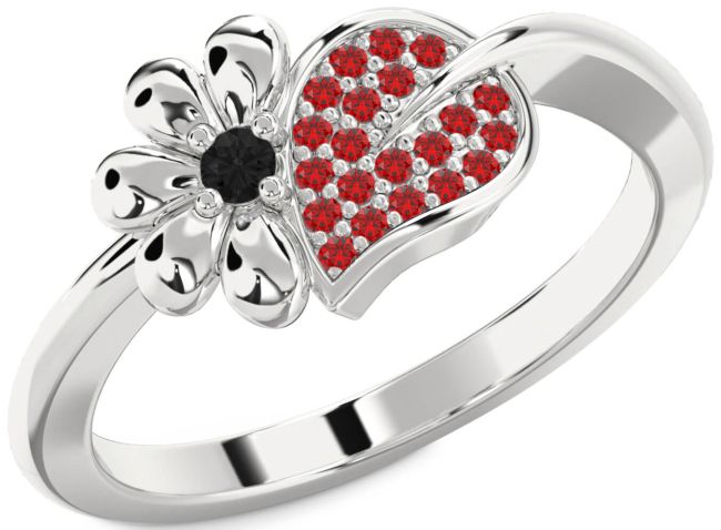 Black Diamond & Ruby Silver Daisy Ring