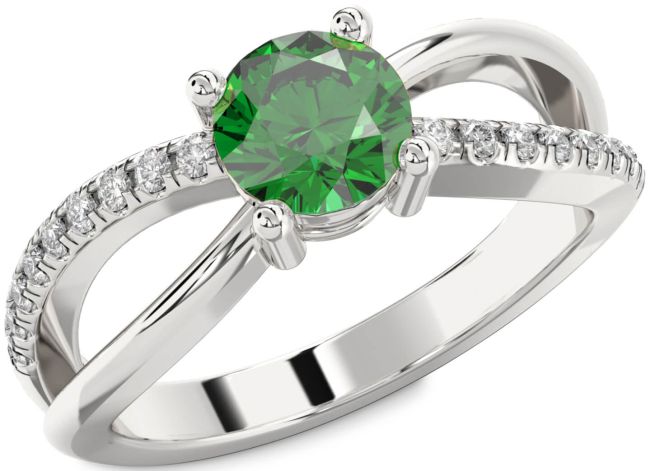 Diamond Emerald Silver Round Solitaire Engagement Ring