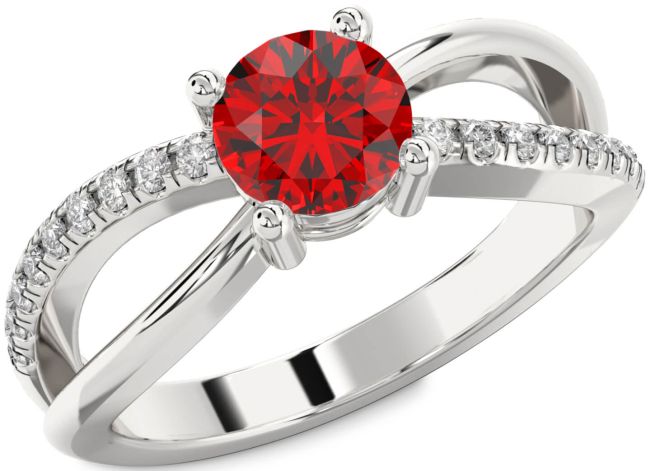 Diamond Ruby Silver Round Solitaire Engagement Ring