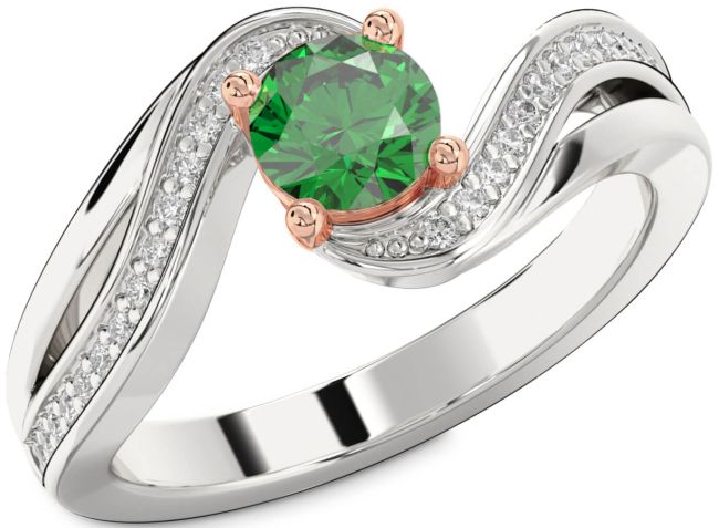 Diamond Emerald Rose Gold Silver Round Solitaire Engagement Ring