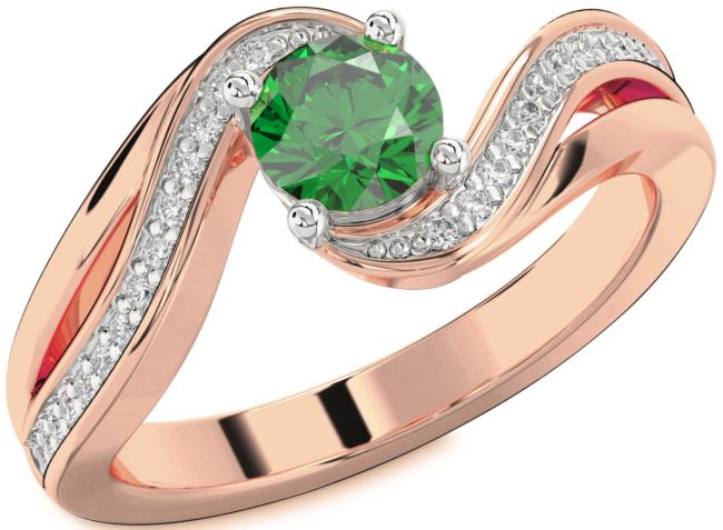 Diamond Emerald Rose Gold Silver Round Solitaire Engagement Ring