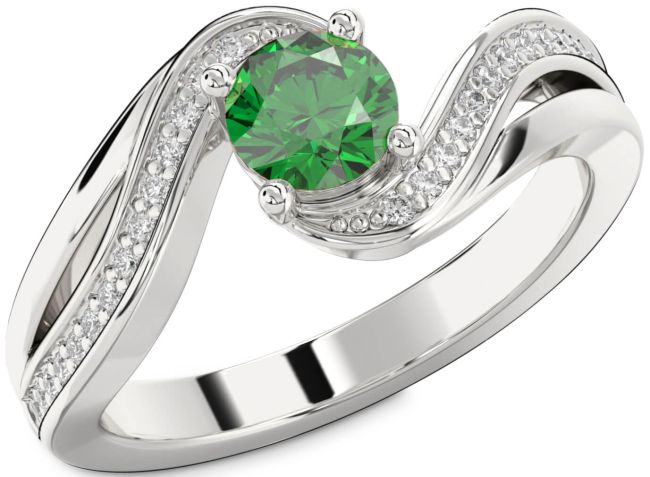 Diamond Emerald Silver Round Solitaire Engagement Ring