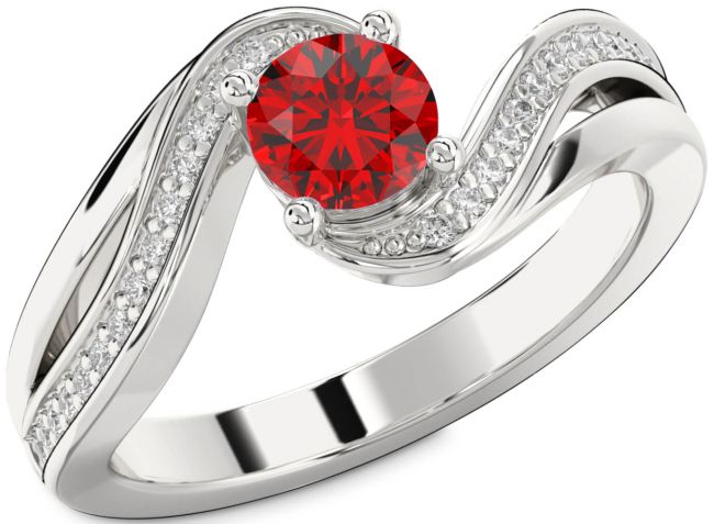 Diamond Ruby Silver Round Solitaire Engagement Ring