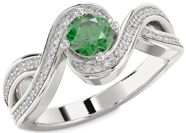 Diamond Emerald Silver Infinity Round Solitaire Pave Engagement Ring