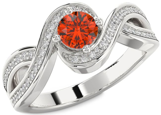 Diamond Fire Opal Silver Infinity Round Solitaire Pave Engagement Ring