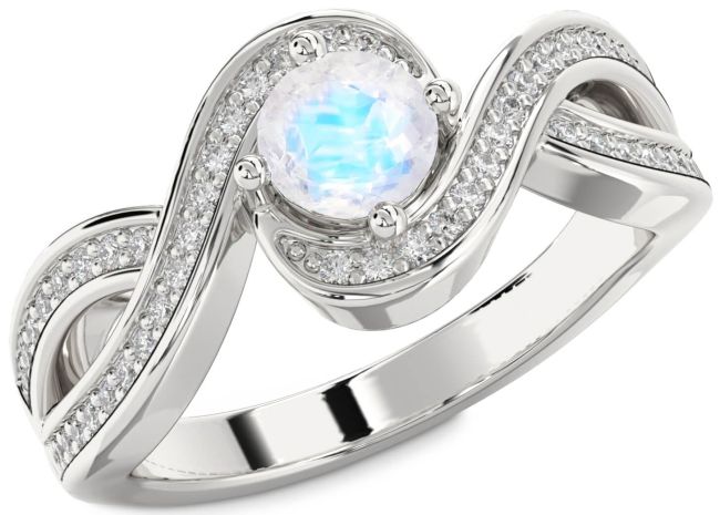 Diamond Moonstone Silver Infinity Round Solitaire Pave Engagement Ring