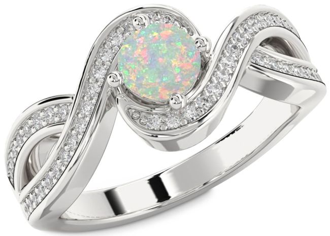 Diamond Opal Silver Infinity Round Solitaire Pave Engagement Ring