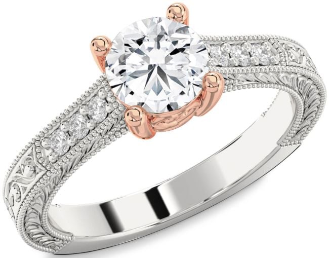 Diamond Rose Gold Silver Round Vintage Engagement Ring