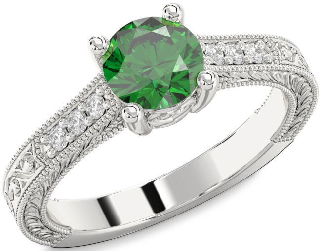 Diamond Emerald Silver Round Vintage Engagement Ring