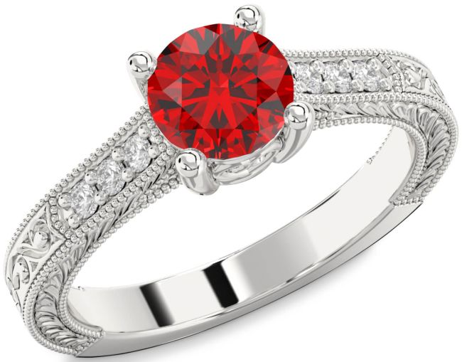 Diamond Ruby Silver Round Vintage Engagement Ring