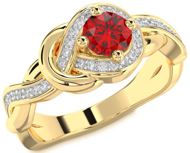 Diamond Ruby Gold Knot Round Solitaire Pave Engagement Ring