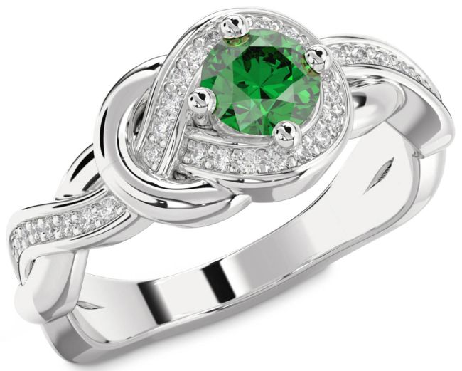 Diamond Emerald Silver Knot Round Solitaire Pave Engagement Ring