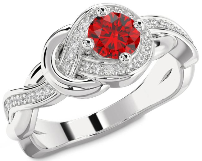 Diamond Ruby Silver Knot Round Solitaire Pave Engagement Ring