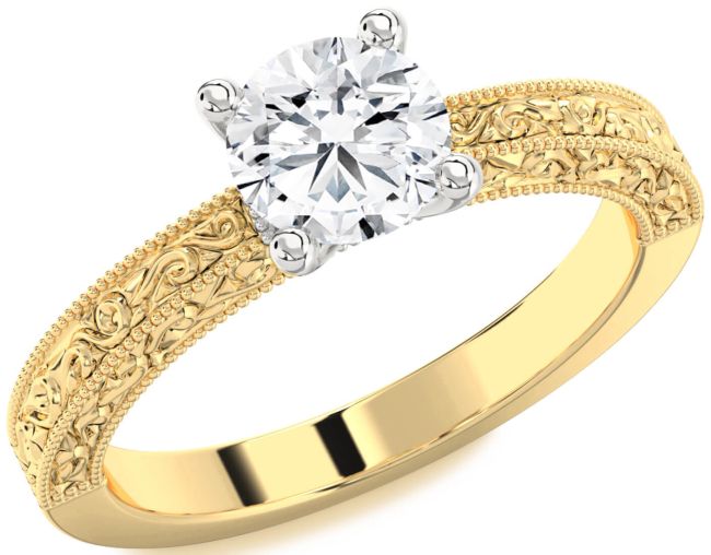 Diamond Gold Silver Round Vintage Engagement Ring