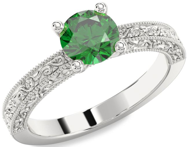 Emerald Silver Round Vintage Engagement Ring
