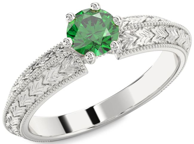 Emerald Silver Round Vintage Engagement Ring
