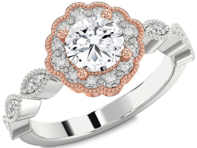 Diamond Rose Gold Silver Halo Round Engagement Ring