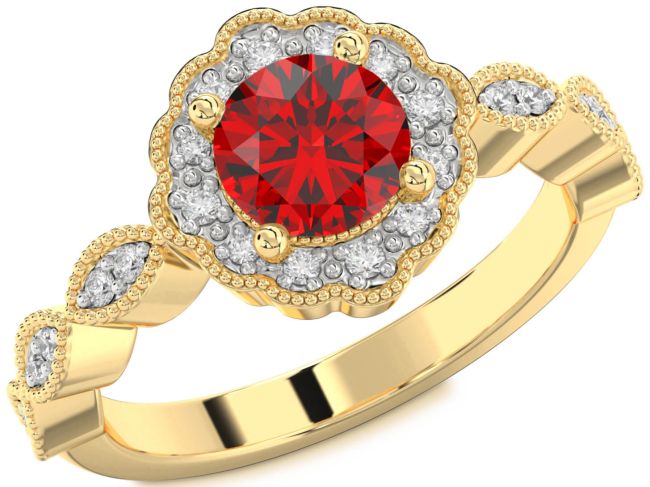 Diamond Ruby Gold Halo Round Engagement Ring