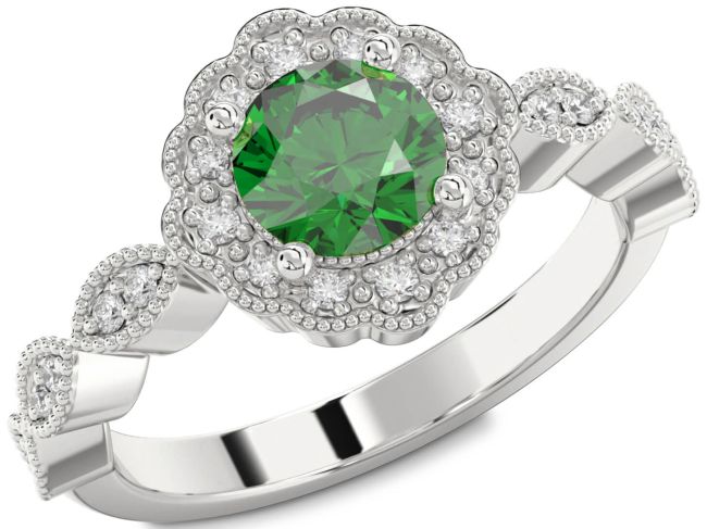 Diamond Emerald Silver Halo Round Engagement Ring